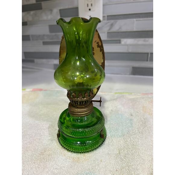 Vintage Stock Mini Oil Lamp with Dark Green Font and Light Green Glass Topper - Picture 1 of 6